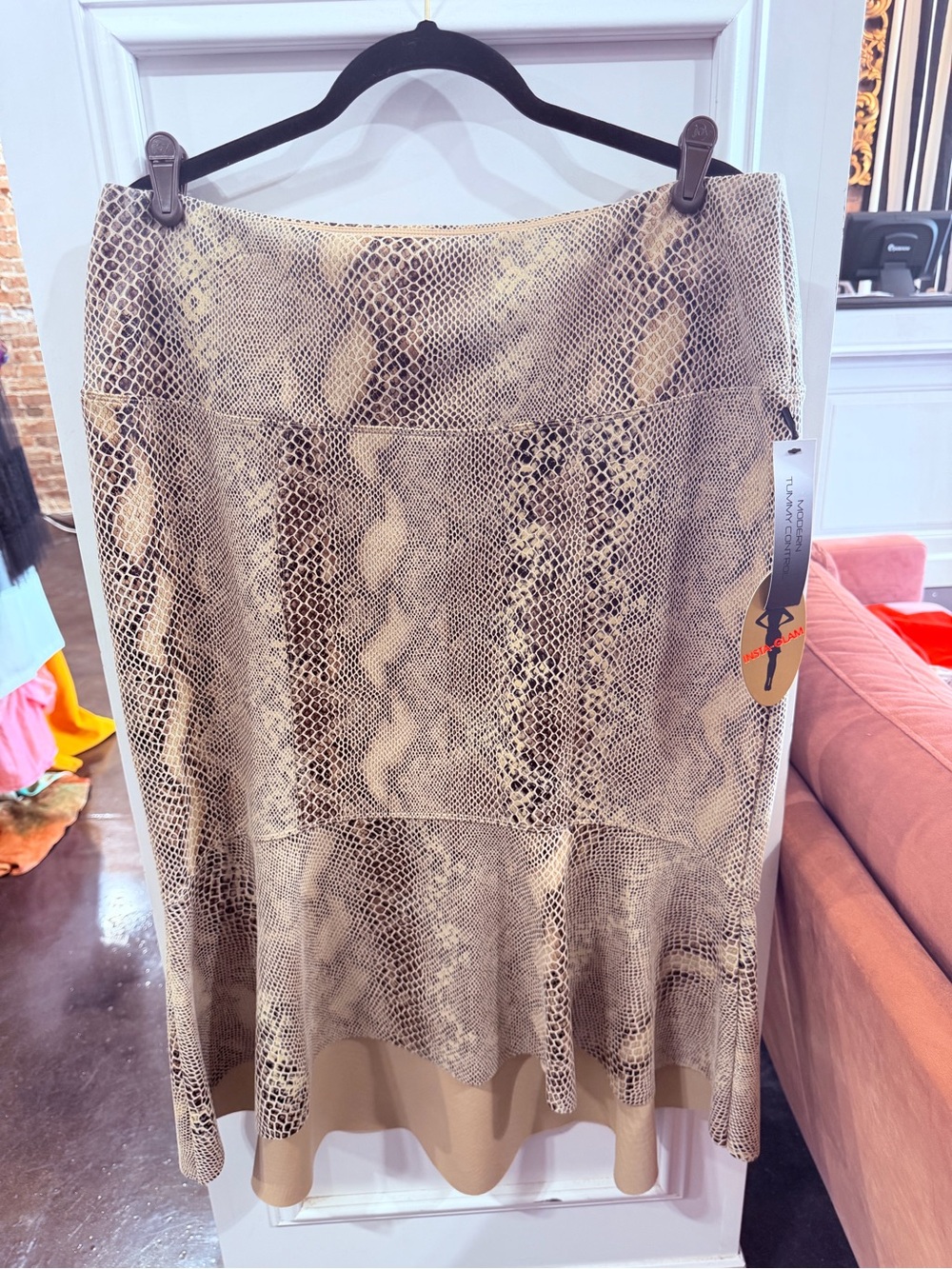 Beige Snake-Print Flared Midi Skirt